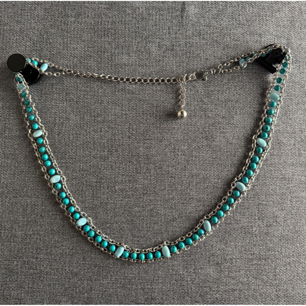 Turquoise Beaded Chain Belt Silver Tone Boho Western Waist Belt Statement